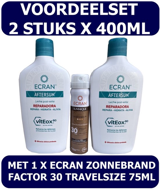 Voordeelset met 2 flessen witte Ecran Aftersun 400ml en een kleine spray zonnebrandcrème factor 30.