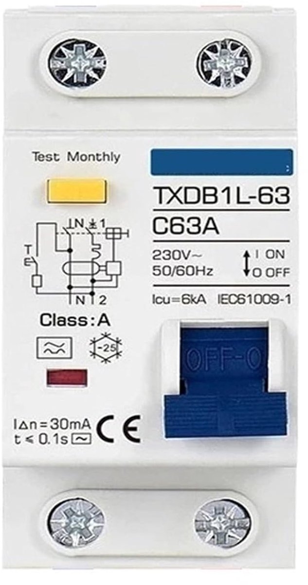 Aardlekschakelaar RCBO - Stroomonderbreker - Circuit Beveiliging - Type A 30mA - 1P+N 63A - Blauw