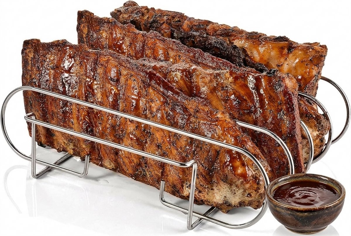 Livatto Spareribs houder grill - Ribhouder voor BBQ - Roestvrijstalen ribrek voor gelijkmatig garen - 5 ribben - 31,5 x 26 x 7,3 cm - Zilver