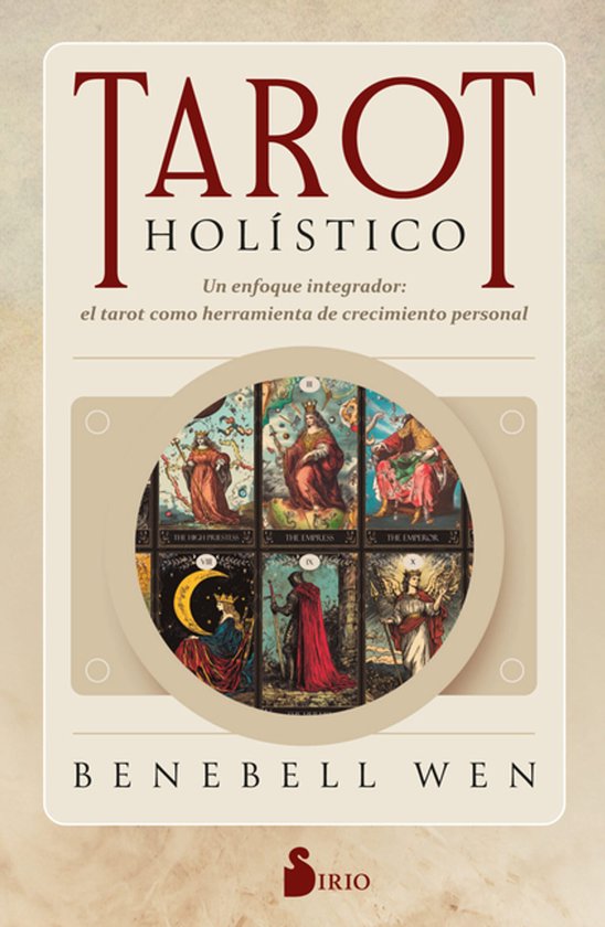 Boekomslag van 'Tarot Holístico' met de tekst "Un enfoque integrador: el tarot como herramienta de crecimiento personal" en een cirkel met tarotkaarten, waaronder 'The Empress' en 'The Emperor'.