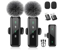 Draadloze Microfoon - 2 Stuks - USB-C & Lightning - Plug Play - Ruisonderdrukking - Windkapjes - Voor Vlogs, Interviews en Livestreams - Zwart