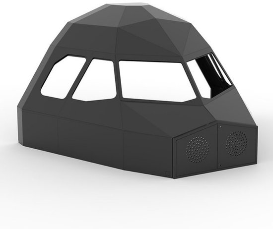 Coque de simulateur de cockpit A320 noire avec de grandes fenêtres et des grilles de ventilation à l'avant.