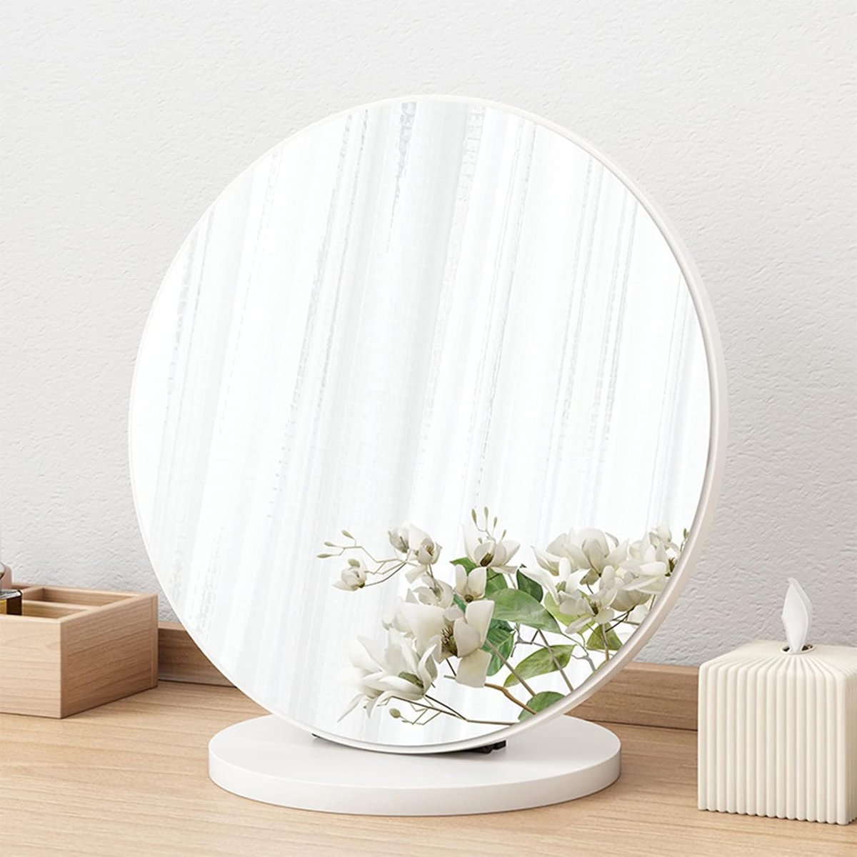 Houten Make-up Spiegel - Kaptafel Spiegel - Schoonheidsroutine - HD Glas Kwaliteit - 30 cm Diameter - Warm Wit
