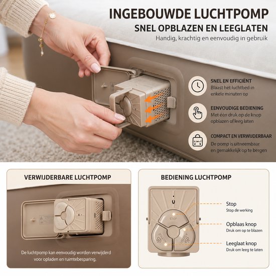 HomeGoodies - Luchtbed - luchtbed met ingebouwde pomp - Luchtmatras - Camping matras - Extra grote luchtbed - 80x200x25cm - Beige van Homegoodies — afbeelding 4