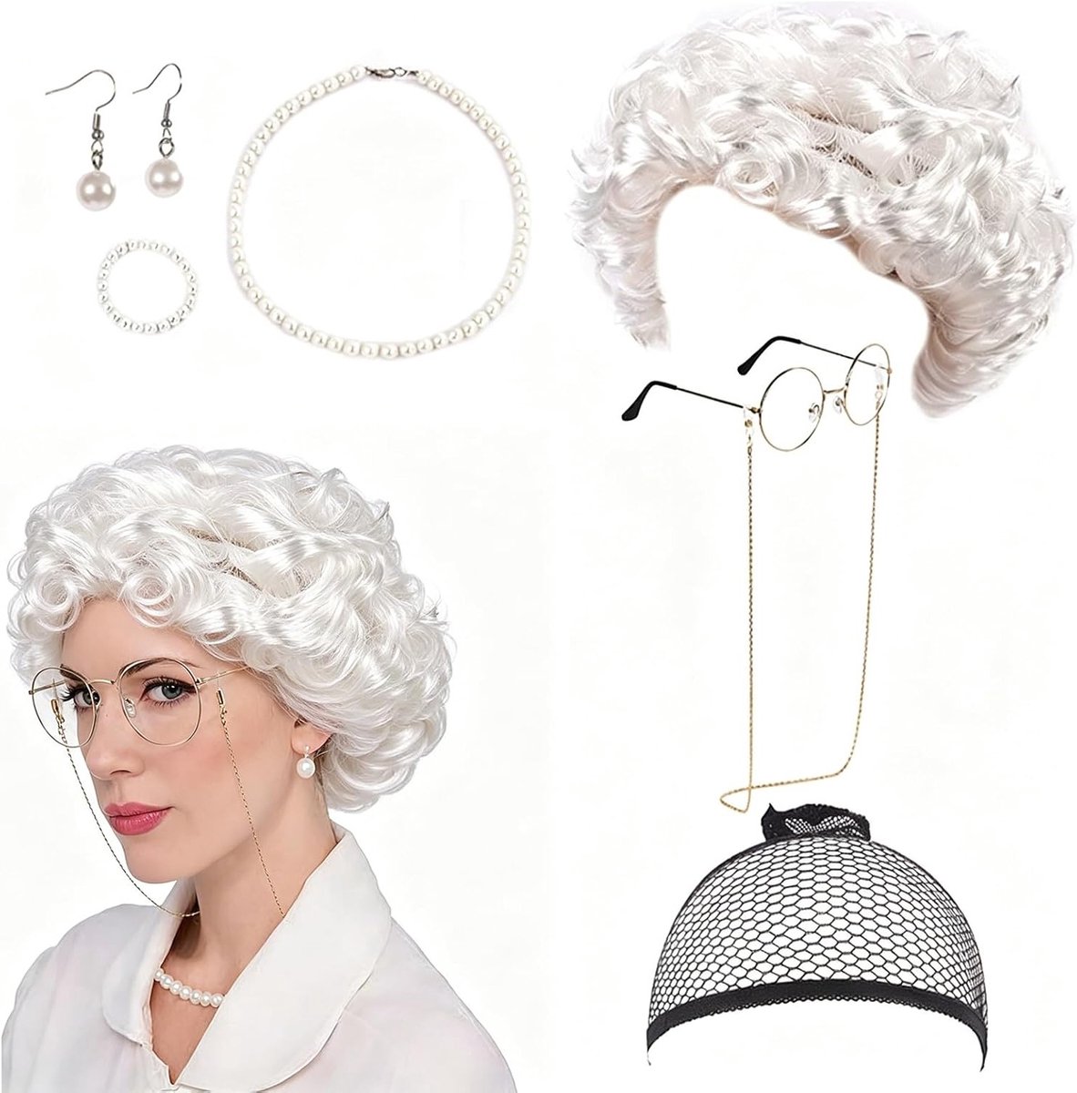 7 Stuks Kostuum Set voor Grootmoeder Cosplay, Oma Decoratie Kostuum voor Halloween, Carnaval en Feestdagen (Wit)