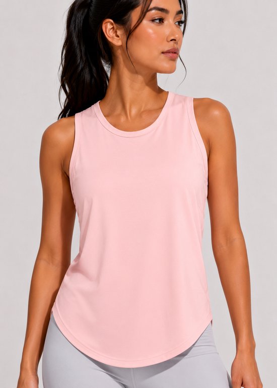 Mannequin portant un haut de sport rose pâle sans manches et un legging gris.