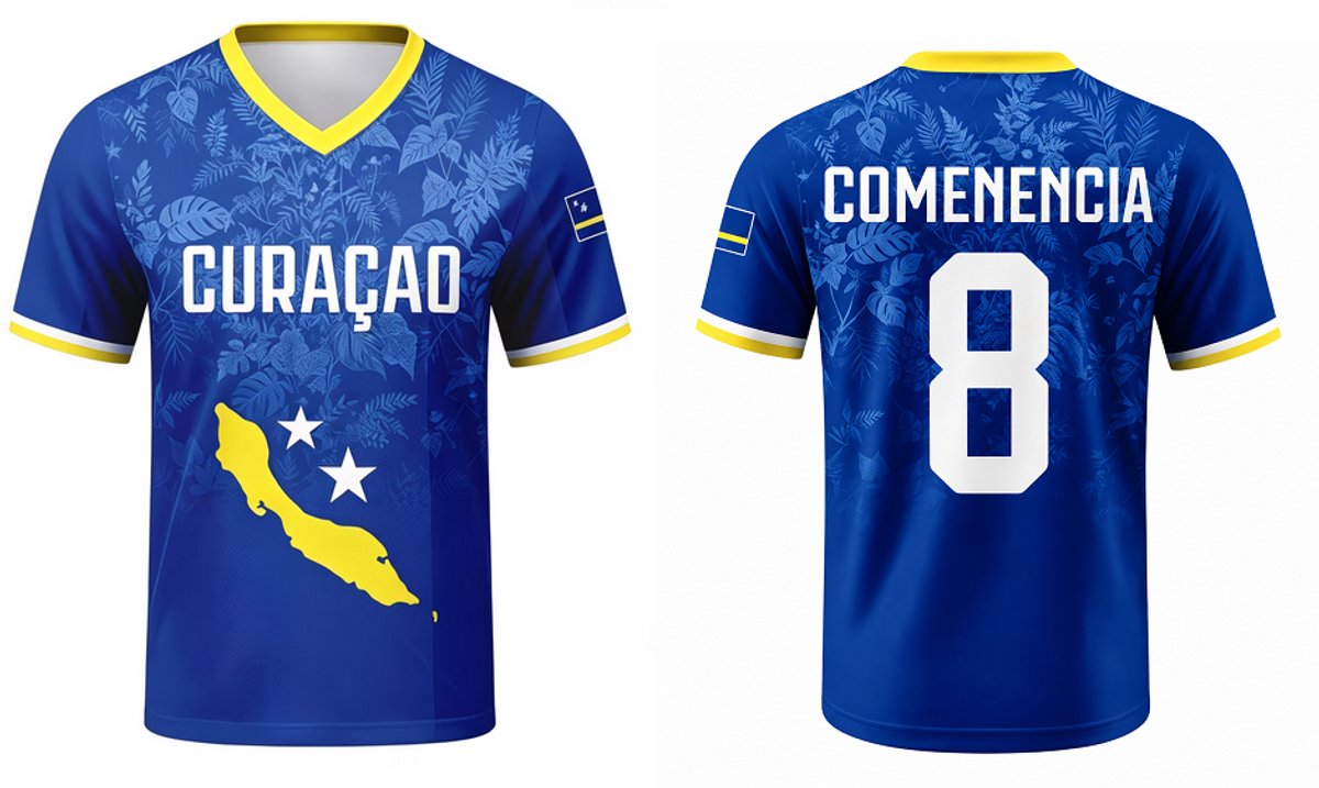 Voetbalshirt Curaçao WK 2026 Blauw en Geel | Comenencia-8 | Curacaose Elftal | Blue Wave T-shirt | Korsou Sportshirt | Maat: 3XL