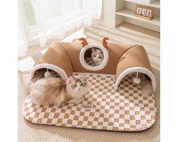 Sir.Pawsalot Luxe 2-in-1 Kattentunnel met Ligmat - Speeltunnel & Kattenmand in één - Interactief Kattenspeelgoed - Schaakbord Patroon - 75x55 cm - Bruin/Beige