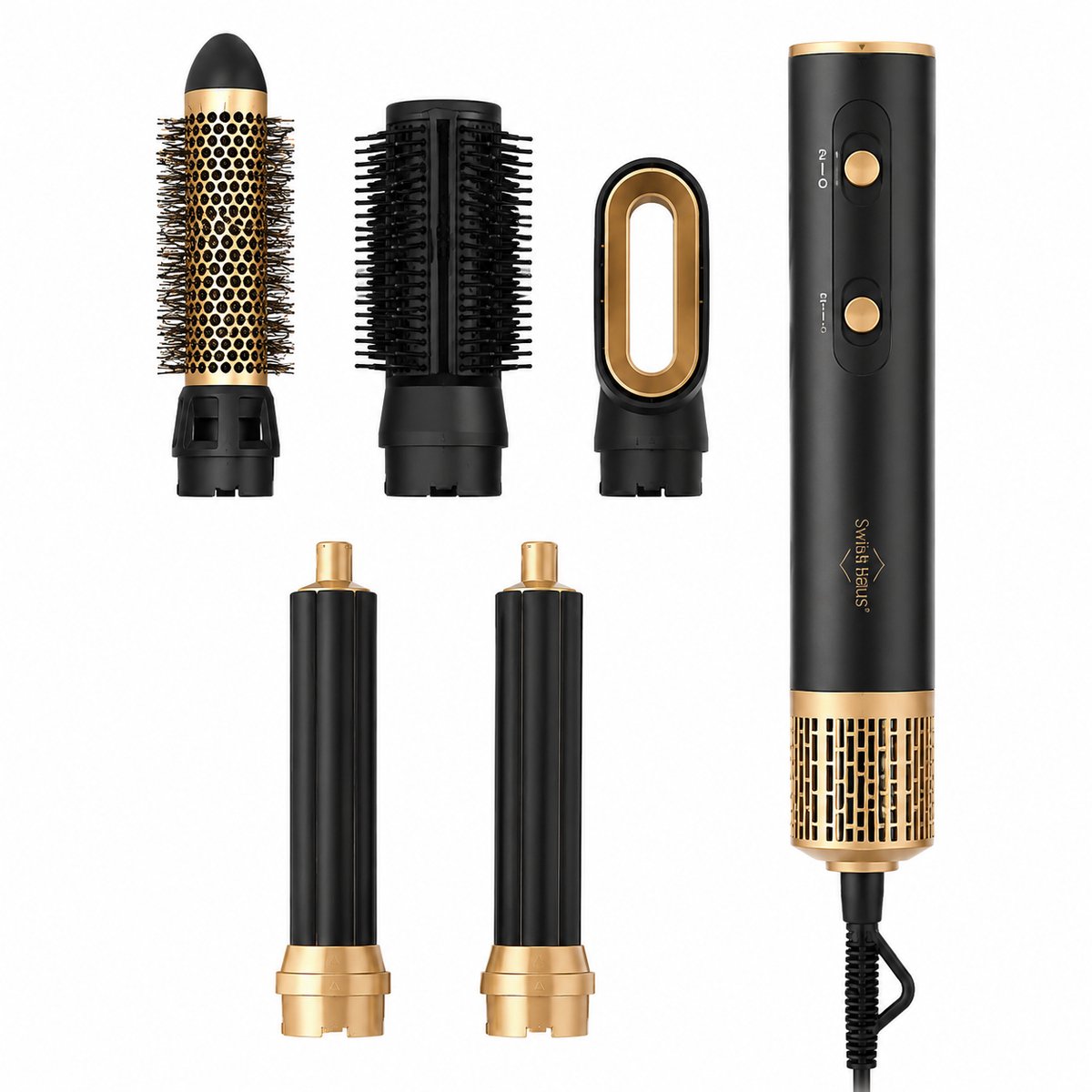Swiss Haus® HS2305 Airstyler - 5 in 1 Föhnborstel - Krultang, Stijltang, Föhn, Thermal Brush & Multistyler - Ionentechnologie - 5 Opzetstukken - Zwart/Goud