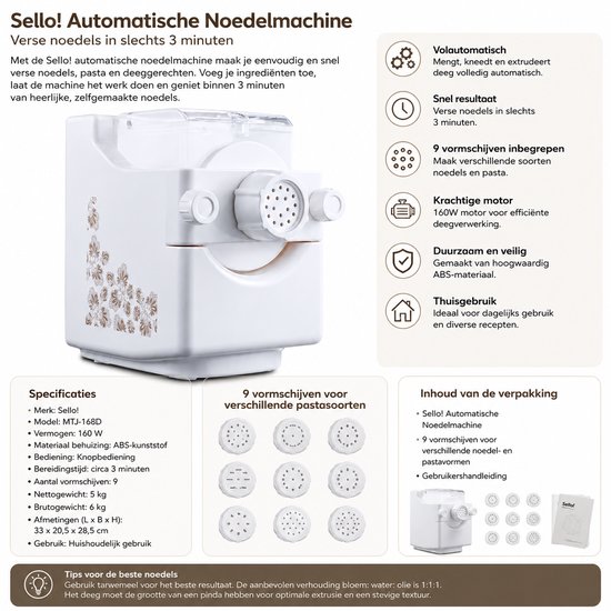 Sello! pastamachine - pasta - noodles - dumpling - volautomatisch - 9 vormschijven - 160W motor - 3 minuten werktijd van Sello! — afbeelding 4