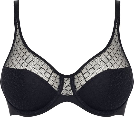 Soutien-gorge noir à armatures avec un motif en losanges transparent sur les bonnets.