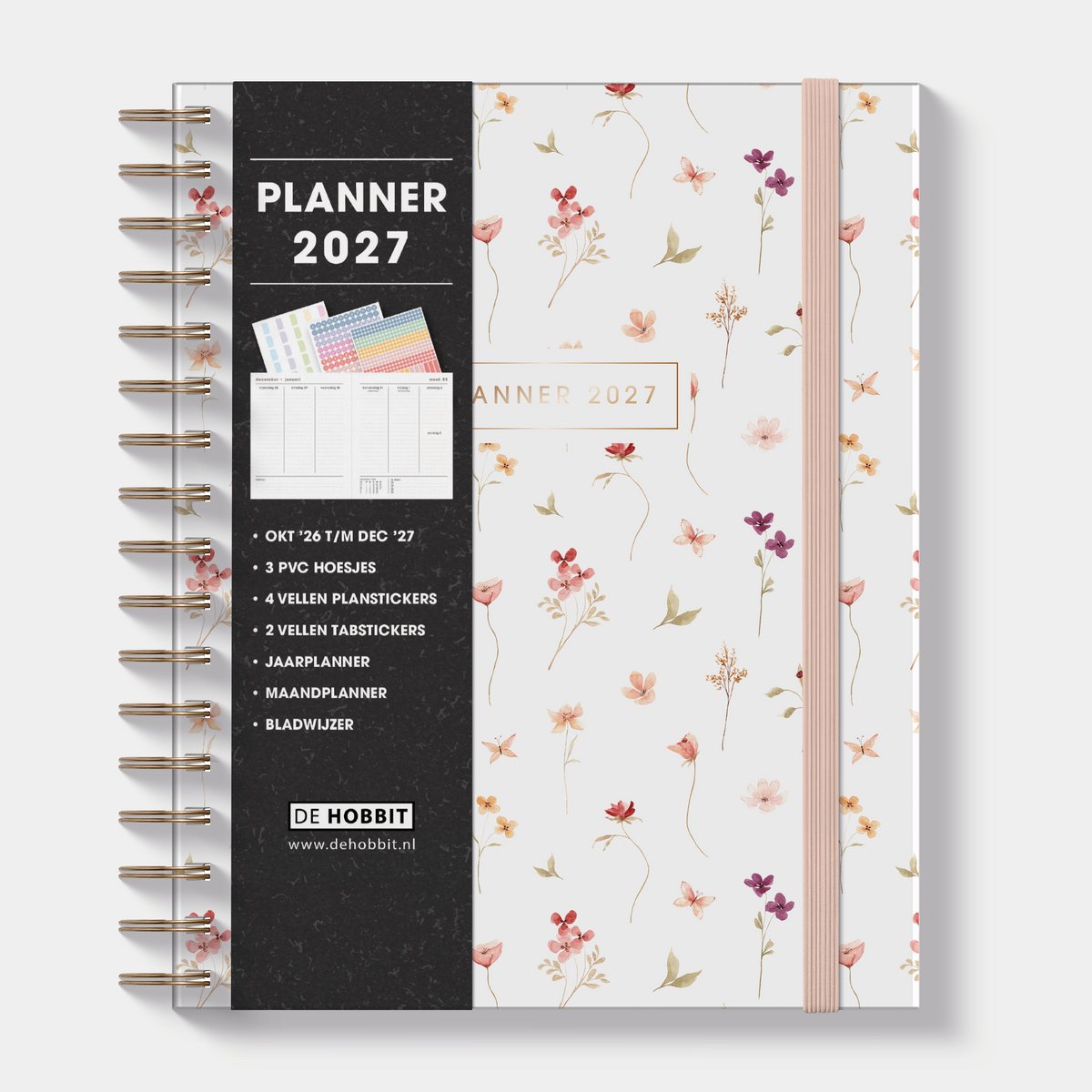 Hobbit - Luxe Weekplanner 2027 - (23 x 18,5 cm) - 1 week op 2 pagina's - Harde Kaft - Aquarel Bloemetjes