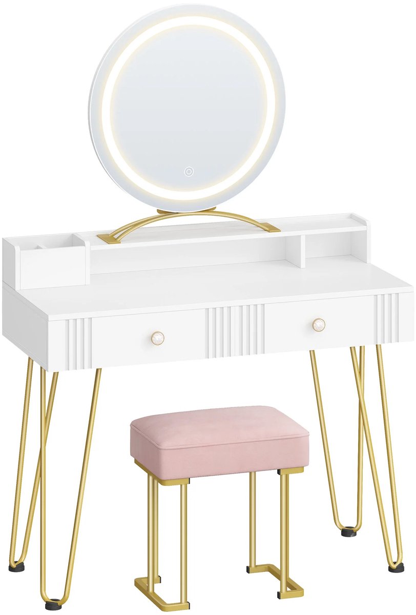 Amolass - Make Up Tafel - Met Spiegel - Kaptafel - Inclusief Krukje - Spiegel met LED-Lamp