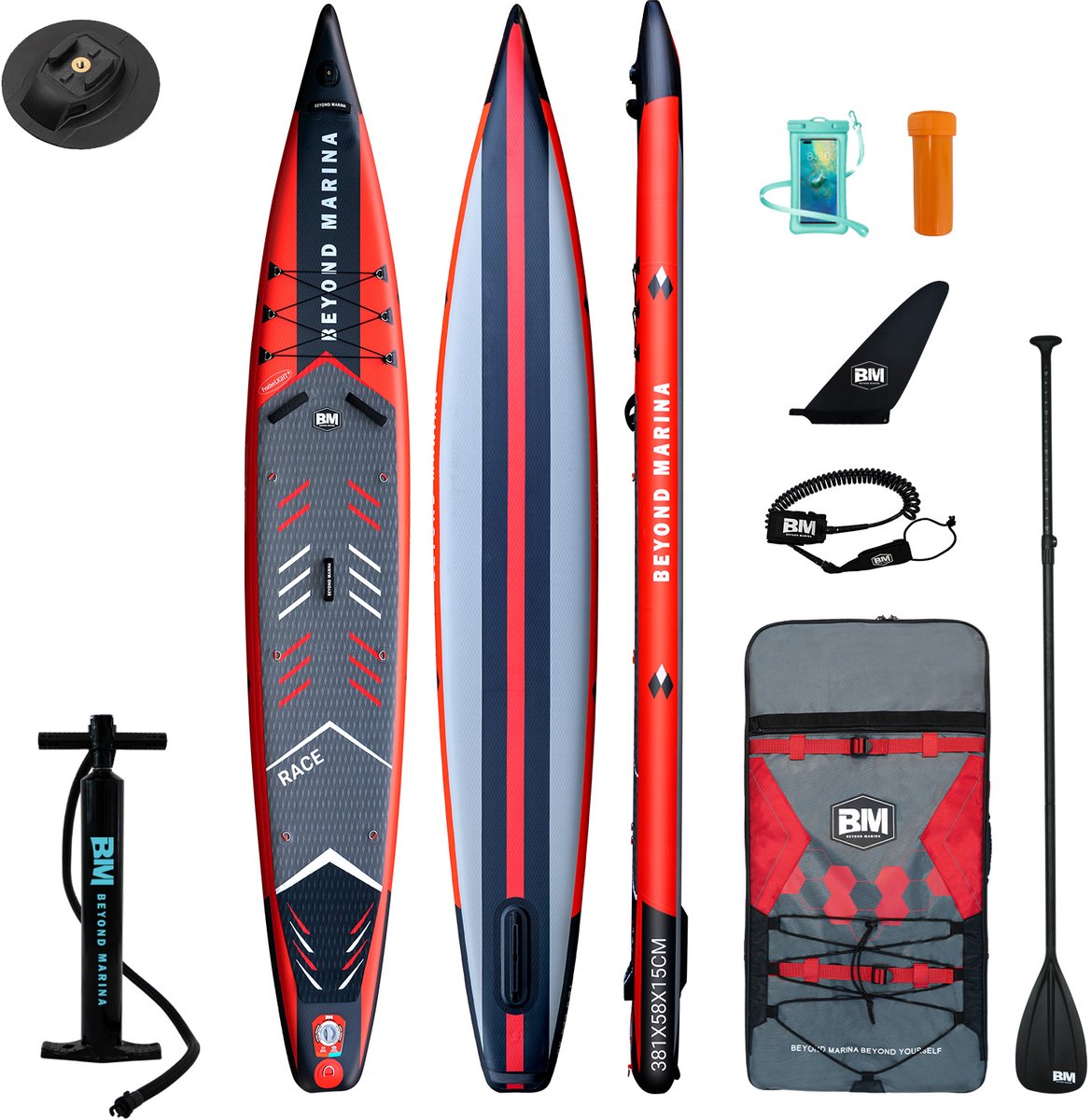BEYOND MARINA SUP Opblaasbaar Stand-Up Paddle Board (Raceboard) | 381 x 58 x 15 cm Race-Board | Met Action-Cam houder | Complete set inclusief alle accessoires