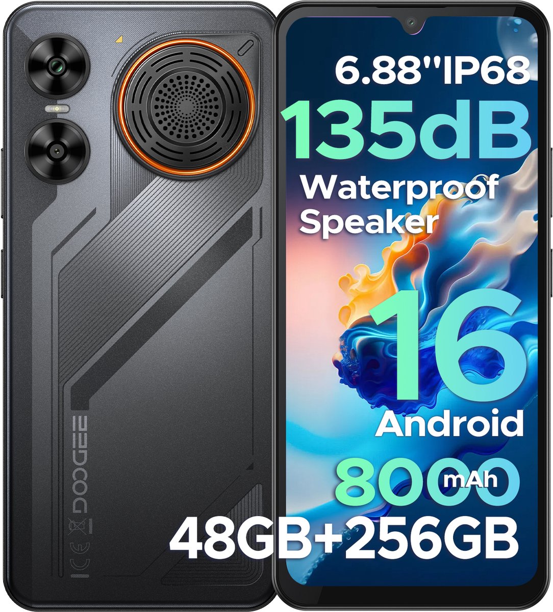 DOOGEE M30 - Rugged Smartphone - 48GB RAM + 256GB ROM (2TB/TF) - 6.88 Inth HD+ 120Hz - IP67 - Android 16 - 8000mAh/33W - 64MP Triple Camera - NFC - Fingerprint - 135dB Loudspeaker - Face ID - Zwart