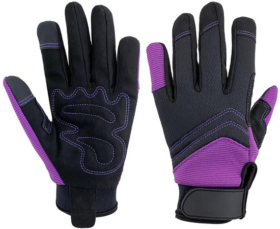 Zwarte werkhandschoenen met paarse inzetstukken, toont zowel de handpalm met padding als de rugzijde.