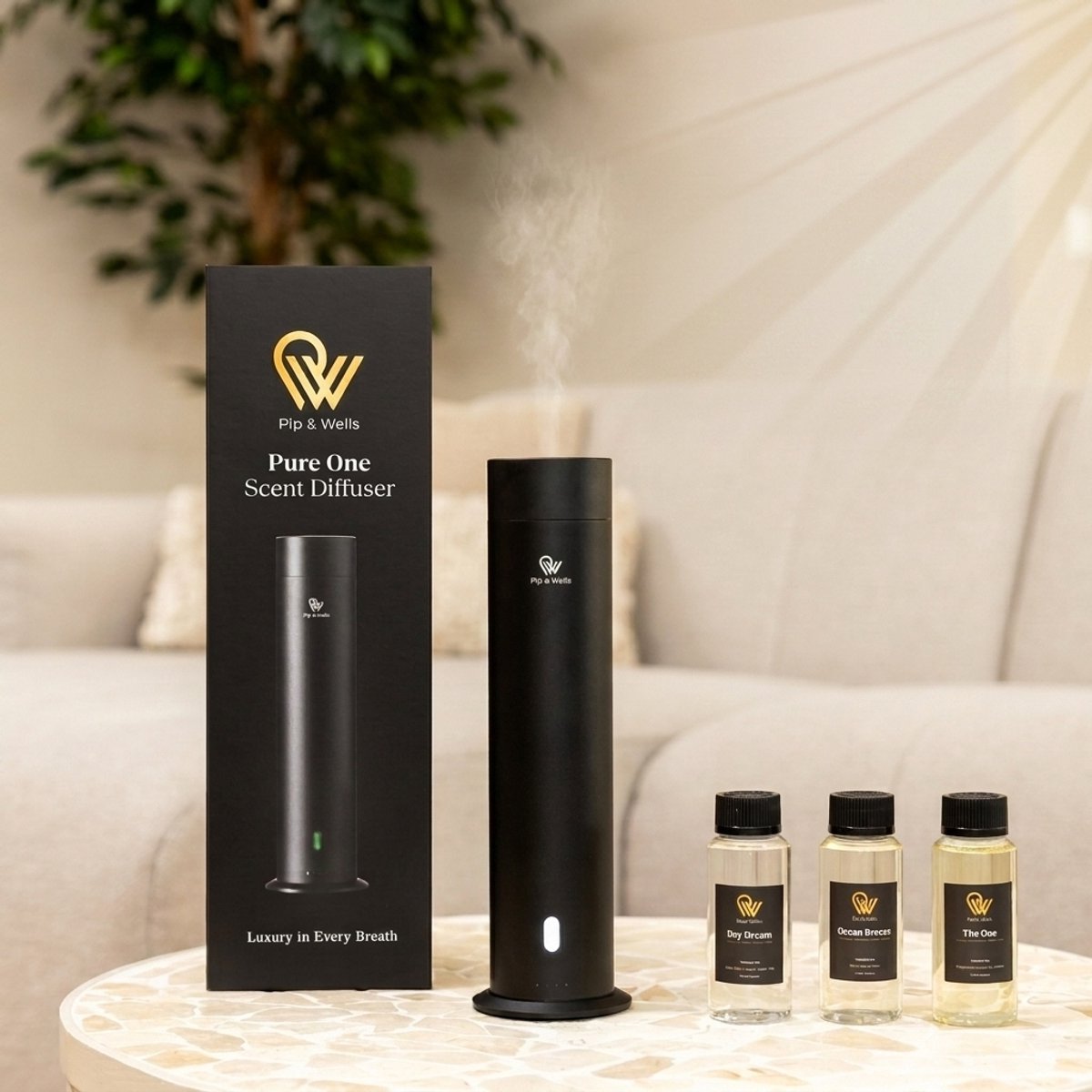 Pip & Wells® Pure One Aroma Diffuser - Waterloze Geurverspreider met 3 Hotelgeuren – Etherische Olie - 120ml per Geur – Mat Zwart - Inclusief Afstandsbediening & Oplader — cadeau in Wonen & Interieur - foto 6
