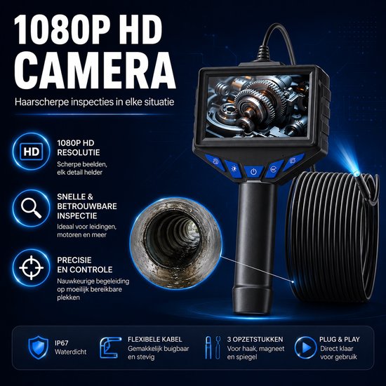 1080P HD camera met 4.3 inch scherm, flexibele kabel en accessoires.