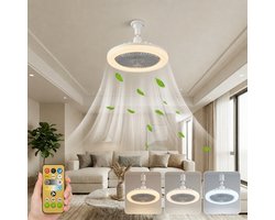 MUPOO E27 Ventilator Lamp met Afstandsbediening - 360° Draaibaar - Dimbaar - Ø 25cm -3 Kleurtemperatuur & Snelheden - Bespaar Ruimte - Voor Garage, Keuken & Berging - Grijs