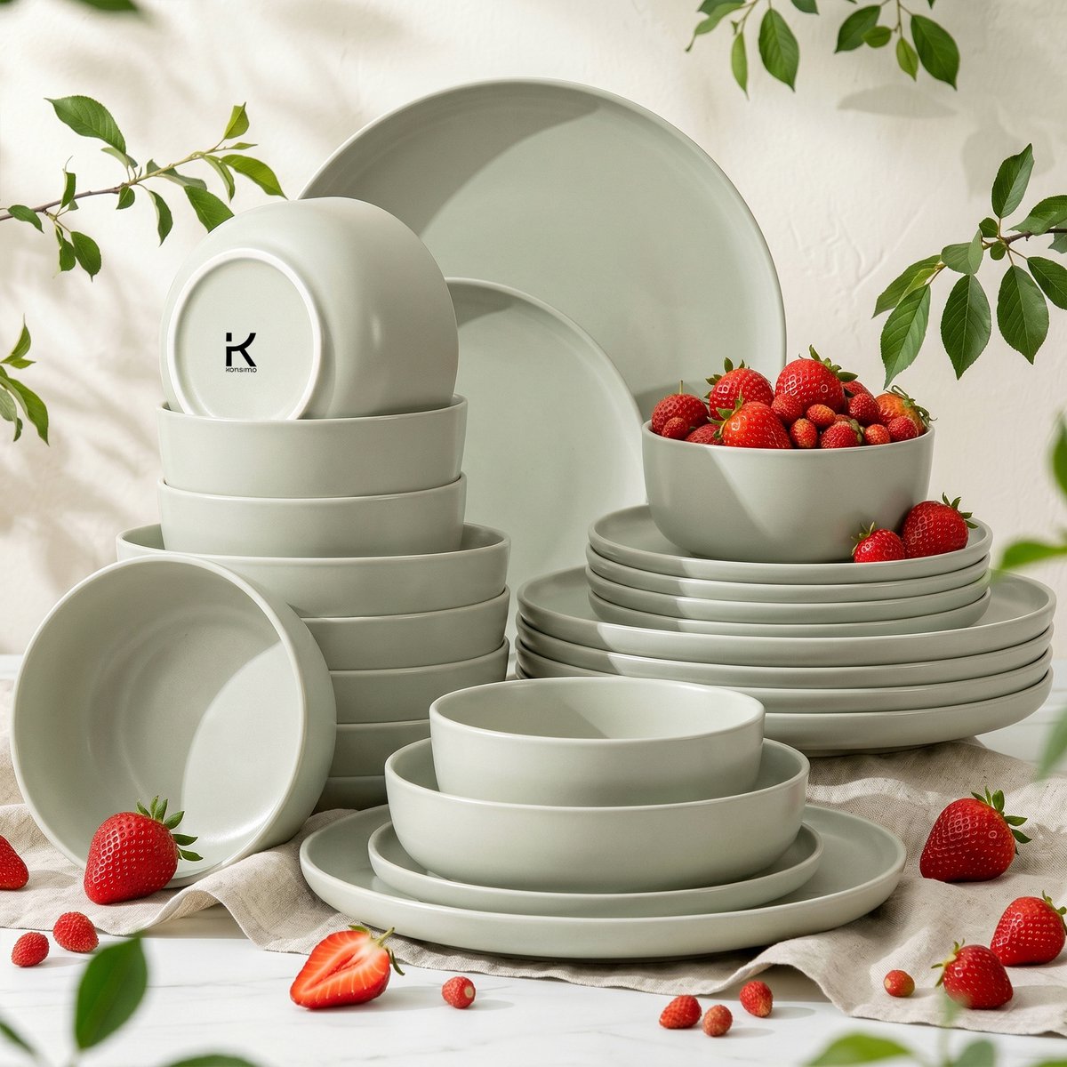 KONSIMO® VICTO - Serviesset - 24 delig - 6 persoons - Keramiek - Geproduceerd in Europa - Beige/Groen/Matgrijs - Dessertbord, Diepbord, Kom, Dinerbord