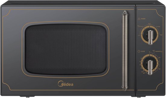 Zwarte retro magnetron met gouden details op witte achtergrond.