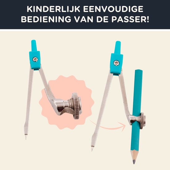 Twee lichtblauwe metalen passers, één met een potloodhouder.