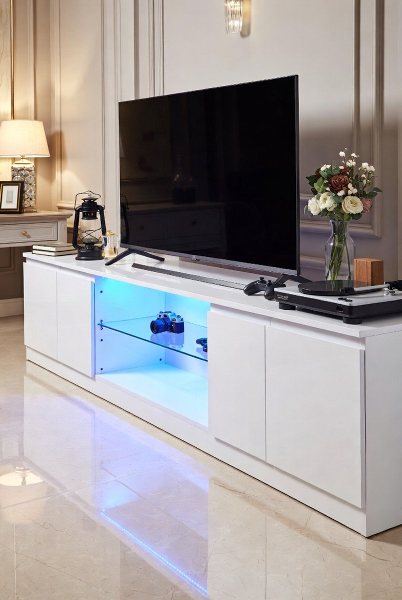 Luxe Hoogglans Zwevend TV Meubel 160 cm met RGB LED Verlichting, TV Lowboard met 2 Deuren & Verstelbare Glazen Plank, Wand- of Staand TV Meubel voor 55-75 Inch TV Medahomestore