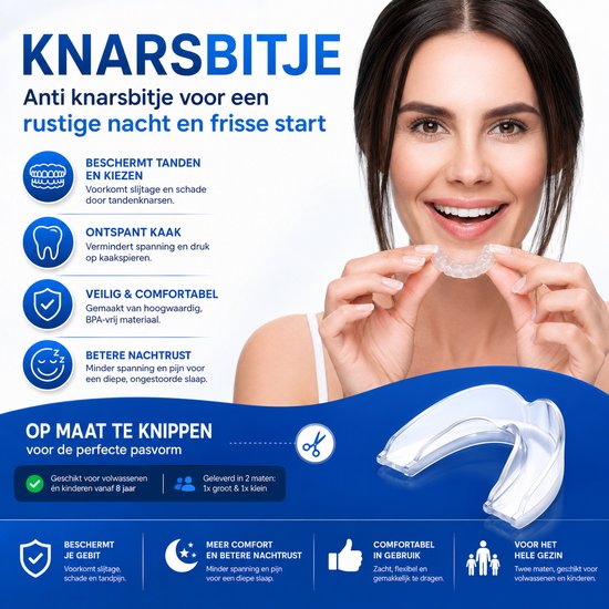 Vrouw met een knarsbitje in de hand. Knarsbitje beschermt tanden en kiezen, ontspant kaak, en zorgt voor betere nachtrust.