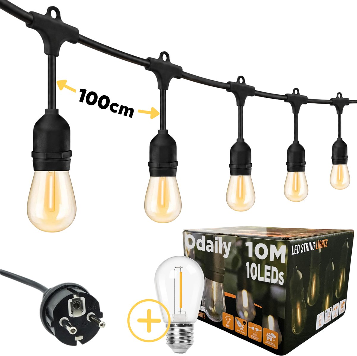 Odaily Lichtsnoer voor Buiten - 10 Meter - 10 LED Lampen - Warm Wit Licht - Professionele Kwaliteit