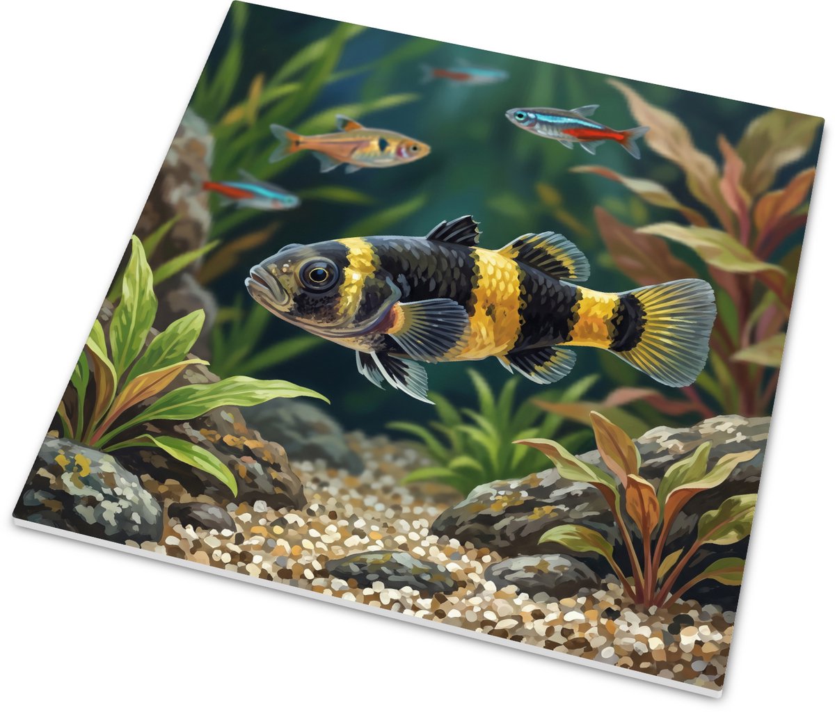 Tegeltje met Sumatraanse Barbeel vis in aquarium - kleurrijke vissen onderwater illustratie