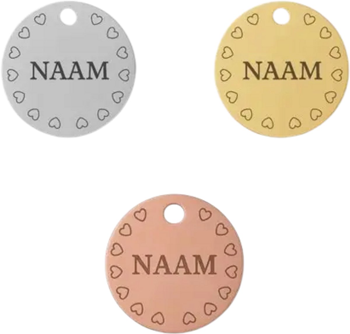 Hondenpenning-RVS-Rose-Hartjes-met QR-Code-3cmx3cm-snelle levering-altijd aanpasbaar-naamplaatje hond
