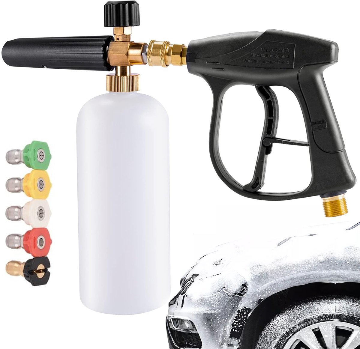 1L Sneeuwschuimkanon - Hogedrukreinigerpistool - 1/4" Snelontgrendelende Schuimkanonfles - 4350PSI Hogedrukreiniger - Met 5 Sproeimondstukken