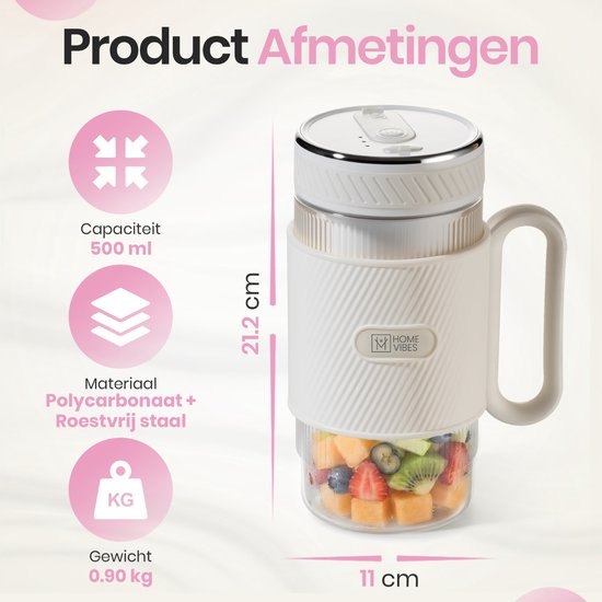 Home Vibes® Blender Smoothie - Draagbare Blender To Go - 500ML Mini Blender - 80W - Smoothie Maker - 2 Opzetstukken - Met Rietje - Ivoor Wit van home — afbeelding 4