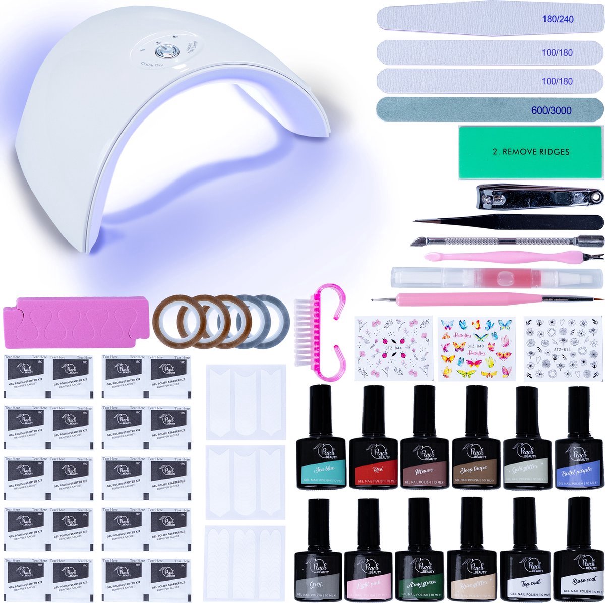 Gellak Starterspakket - 58 Delig - Gellak Set - Incl. Gellak UV Lamp, Nail Art Penselen, Nail Art Steentjes & Base en Top Coat - Gel Nagellak Starterset - Gel Polish Set - Nagellak LED UV Lamp - Nagelvijl - Tafellamp Nagelstyliste - Peach Beauty