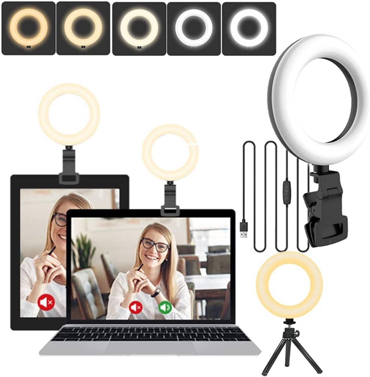 Lzwintrading - Ringlight met Statief - Ring Lamp - Selfie Lamp - Ringlight Laptop - 12,7 cm Video Conference Light - 5 Lichtkleuren - 10 Helderheid 360°Rotatable Verlichting