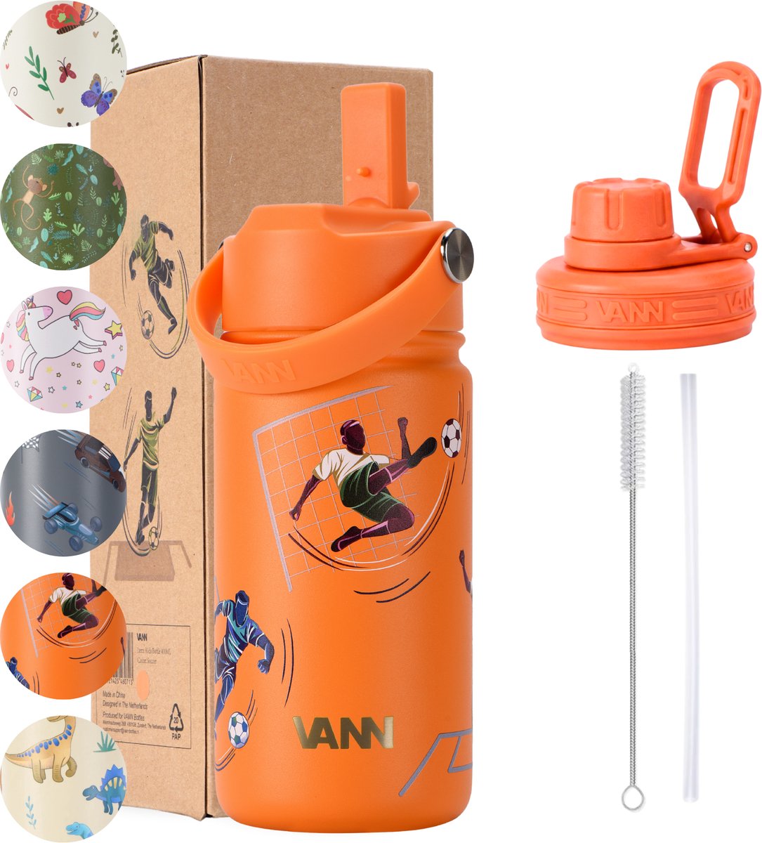 VANN® 3-Wandige Drinkfles en Schoolbeker voor kinderen met rietje in 1 – 400 ML – RVS – Met 4 accessoires – 24 uur koud/12 uur warm – Soccer