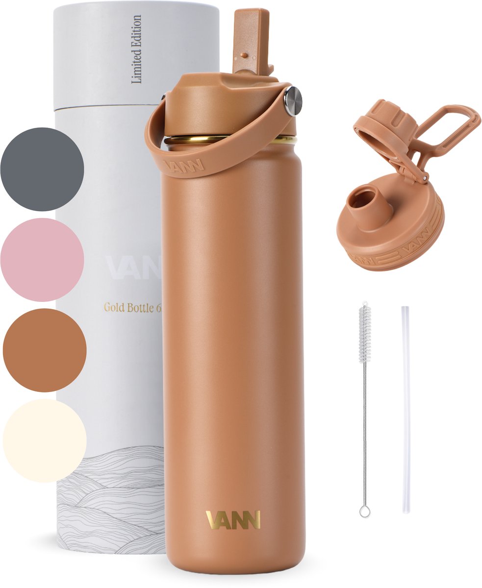 VANN® RVS Drinkfles 650 ML met rietje voor volwassenen – 3-Wandig – Met 2 doppen – Thermosfles – 12 uur warm/24 uur koud – Cadeau voor man en vrouw – VANN Gold Botte Macchiato
