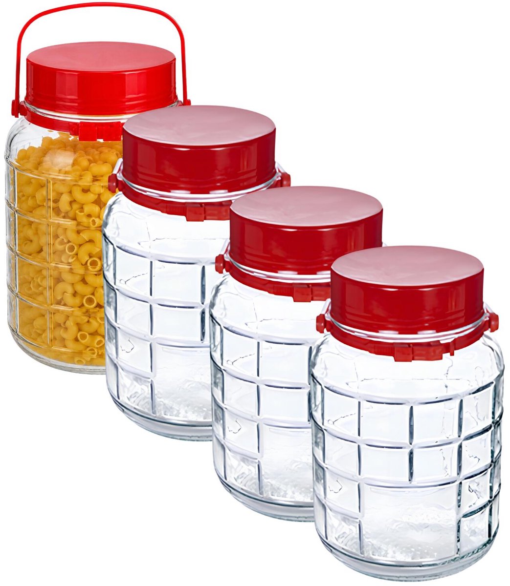 Alessandro XXL voedsel opslag container - 4x - glas - 3 liter - afsluitdop en hengsel - transparant/rood - Weckpotten - Opslagpotten - 16 x 24 cm