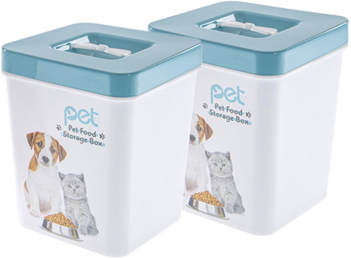 CM Huisdieren honden/katten voedsel voercontainer - 2x - voorraad box - kunststof - 3.5 liter - deksel - wit/blauw