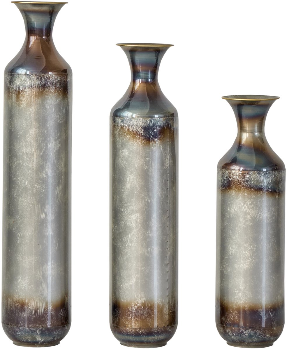MUVANO Metalen vazen set - Vintage vloervaas - Decoratieve vaas-Handgemaakte vaas – Massief metaal – Handgebrand – Niet waterdicht - Robuust - Woonkamer - Vloervaas- 3-delig-Vintage