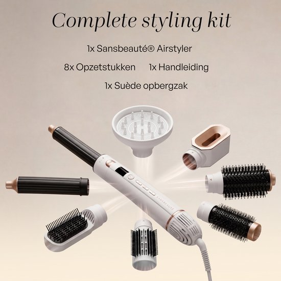 Sansbeauté® 8-in-1 Airstyler met Diffuser - Multistyler - Föhnborstel Kort Haar - Haarkruller - Haarstyler - Haardroger - Warmteborstel - Krulborstel - Krultang - Haarstijler - Stijlborstel - 5 in 1 Hairstyler