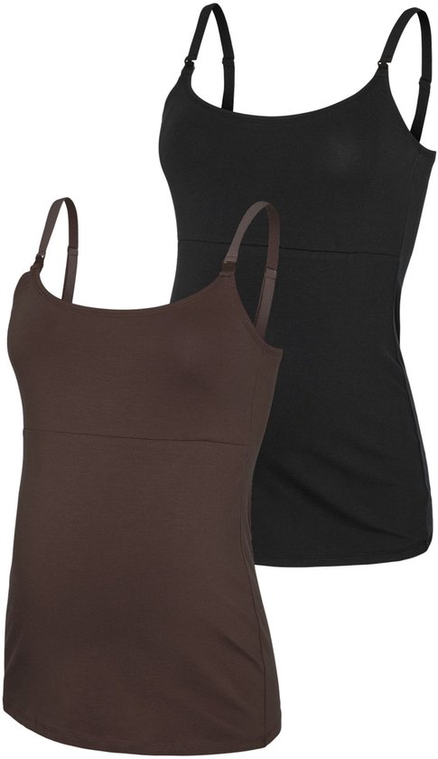 Débardeurs de grossesse noir et marron à bretelles réglables, sur fond blanc.