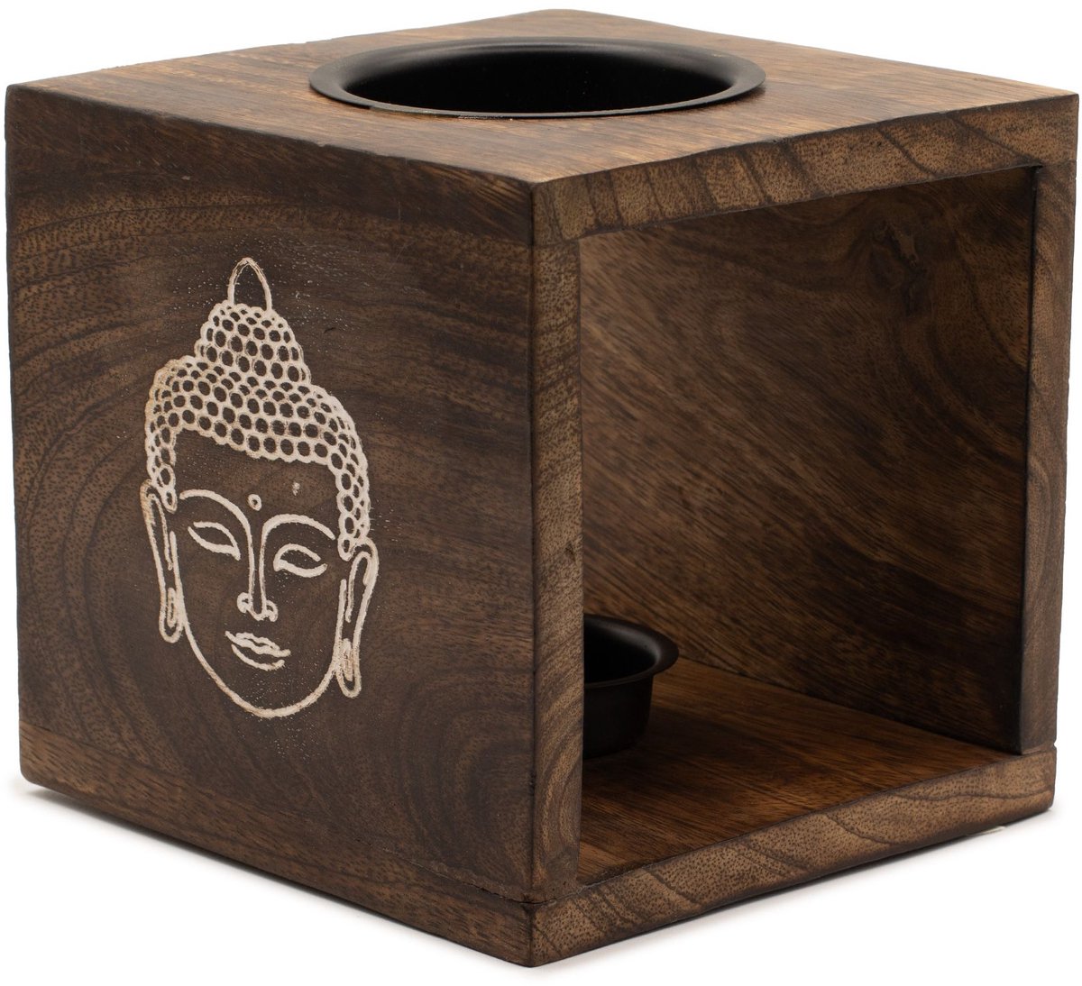 Large Square Mango Wood Oil Burner- Buddha Face