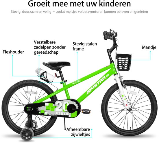 Joystar Pluto Kinderfiets - 20 inch - met mandje - met waterfles - zijwieltjes - bel - handrem - groen - Geschikt voor buitenactiviteiten in de lente van JOYSTAR — afbeelding 5