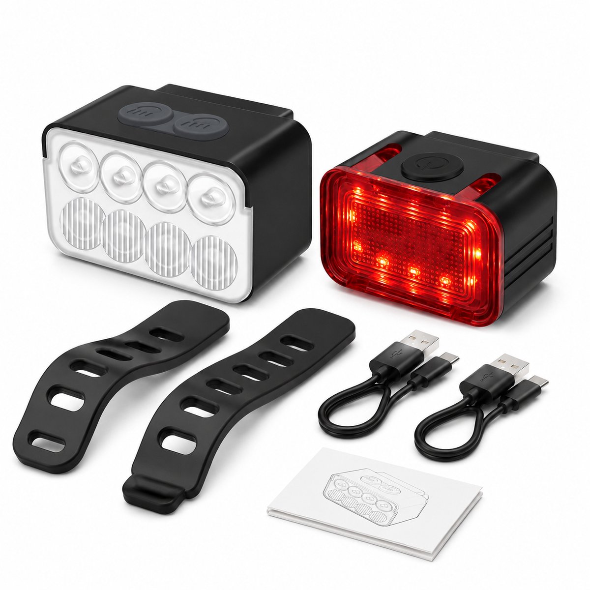 Gloovon® - Fietsverlichting Set - LED - 900 Lumen - Voorlicht & Achterlicht - Waterdicht - Valbestendig - Koplamp fiets - Fietslichten - Fietslampjes - 4 Standen - USB oplaadbaar - Zwart