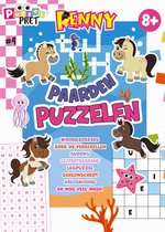 Penny Puzzelpret 4, een puzzelboek met paarden, zeepaardje, kwal, zeester. Deels ingevuld kruiswoordraadsel en woordzoekers.