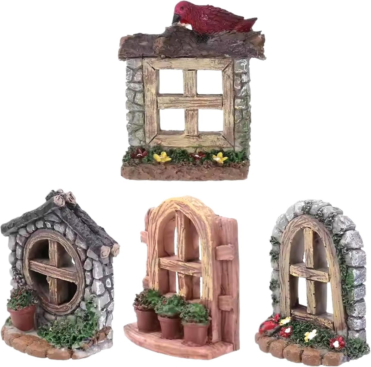 Miniatuur Ramen - Tuin Decoratie - Sprookjes Tuin - Weerbestendig Hars - 4 Stuks - Multicolor