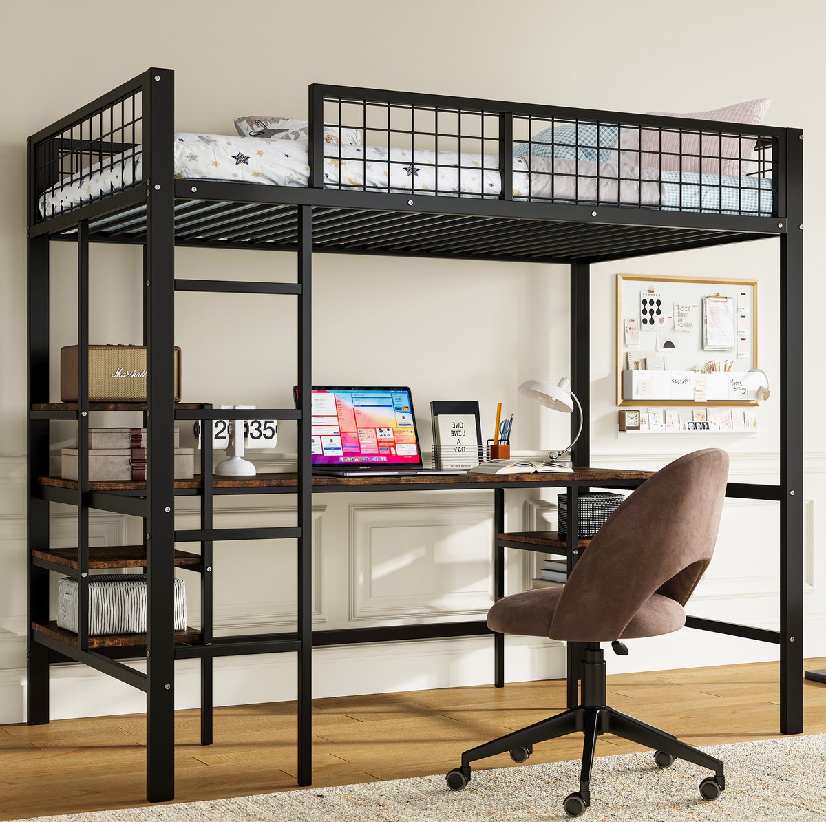 MEUNIQ hoogslaper 90x200 cm met bureau, opbergrekken en 4-staps ladder, metalen bedframe met spaanplaat voor kinderkamer in zwart en donker hout