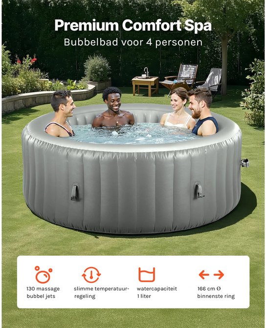 Vier mensen genieten van een grijze opblaasbare hot tub in de tuin. Premium comfort spa voor 4 personen, met 130 massagejets, slimme temperatuurregeling, 1 liter watercapaciteit, 166 cm binnendiameter.