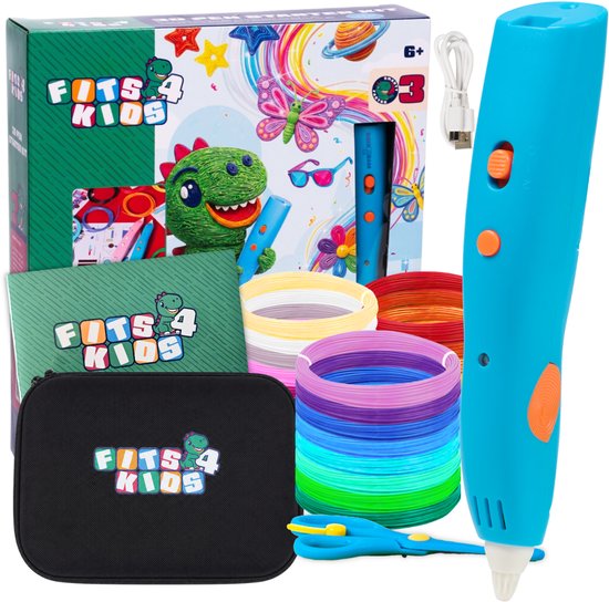 Fits4Kids 3D Pen Starter Kit met blauwe pen, 12 kleuren filament, zwart opbergkoffer, schaartje, USB-C kabel en handleiding. Inclusief videogursus.